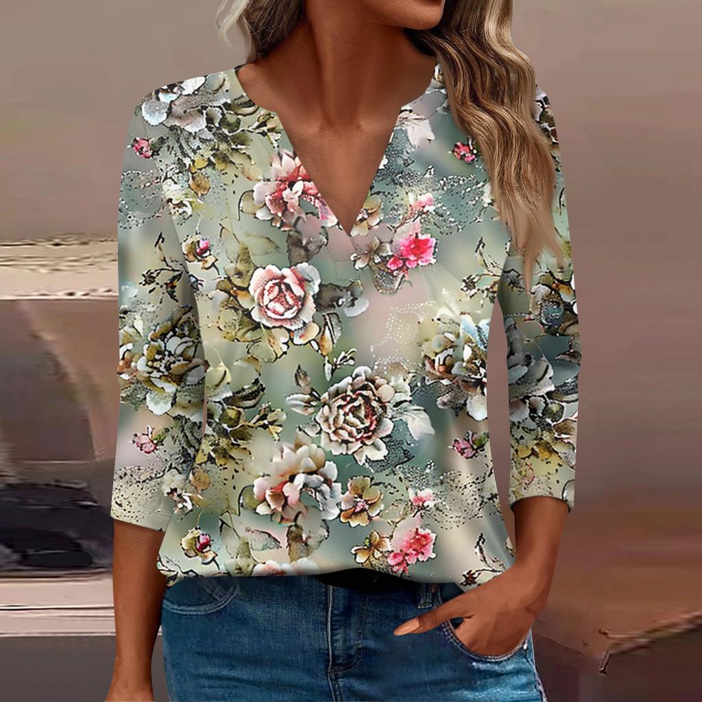 Women's T Shirt Tee Print Button  3/4 Sleeve Daily Weekend Fashion Basic V- Neck Regular Top
