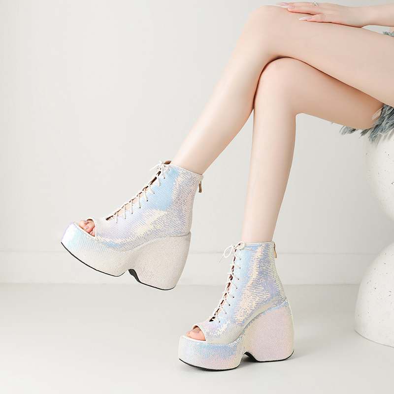 Krazing Pot Блестящая ткань весна лето размер 43 размер 42 женские платформы женские открытый носок сексуальные летние сапоги на шнуровке туфли-лодочки