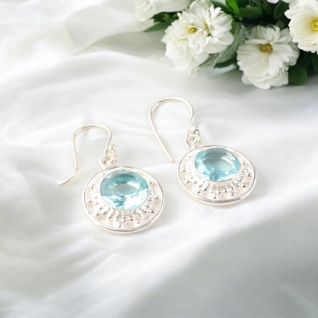 Sky Blue Topaz Gemstone 925 Solid Silver Jewelry Handmade Earrings 1.5" For Her EE-153-11