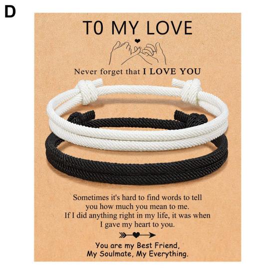 2Pcs Black White Adjustable Couple Rope Bracelet Handwoven Friendship Wristbands Birthday Gift