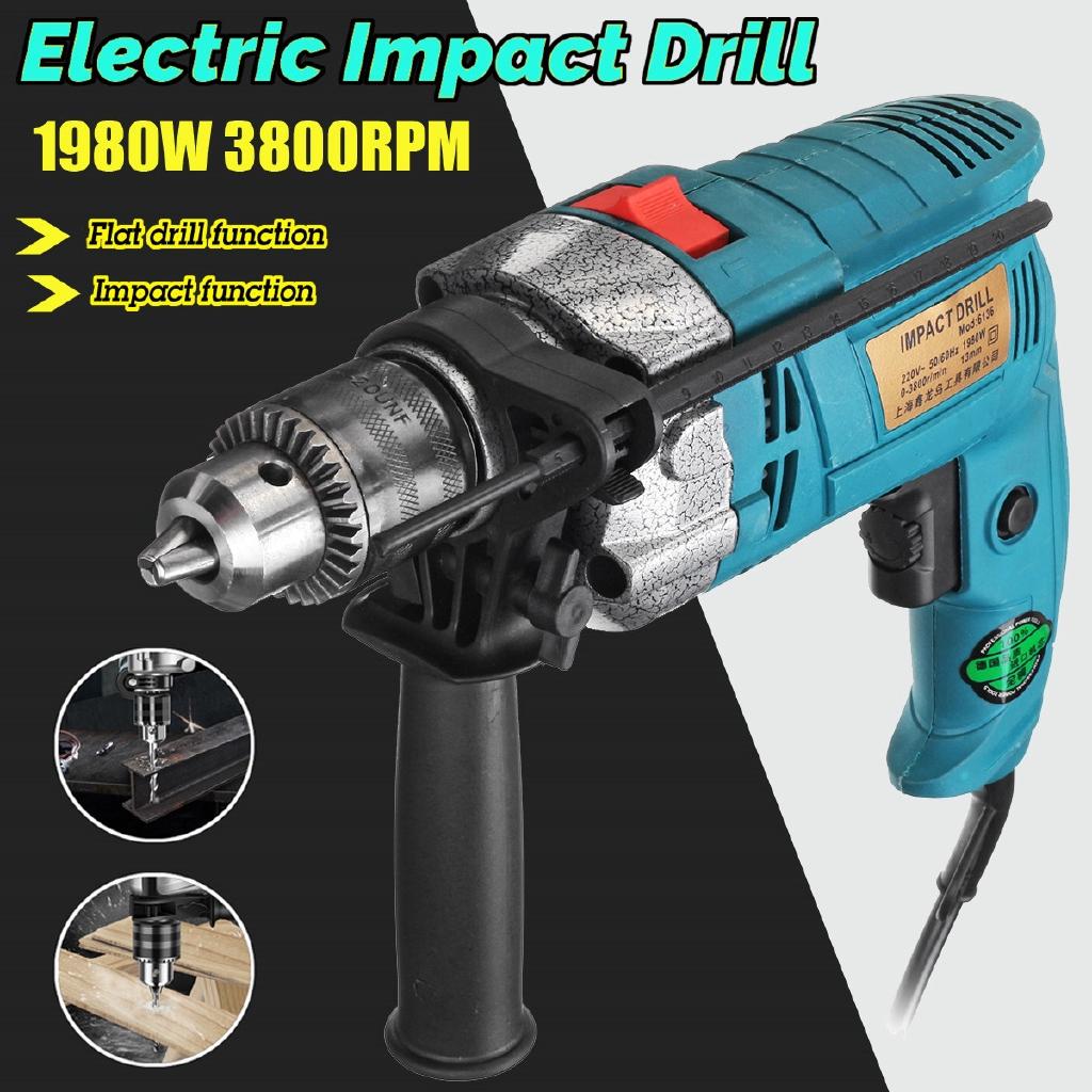 220V 1980W 3800RPM Electric Impact Drill Household Electric Flat Drill Woodworking Power Tools