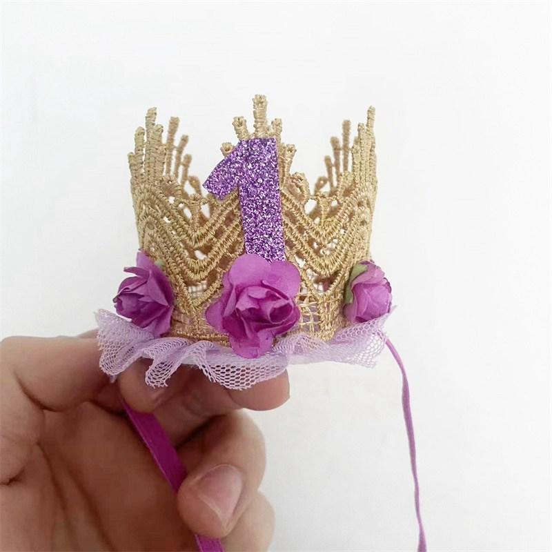 Детская корона с блестками для девочек, годовалая корона, шляпа принцессы для дня рождения, розовое золото, роза, декор для вечеринки, кружевная сетка