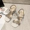 Elastic Band Women's Sandals 2025 Summer Open Toe Rhinestones Flower Transparent Chunky Heels Large Size 43 Sandals