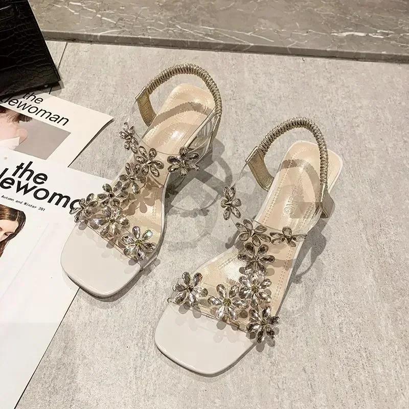 Elastic Band Women's Sandals 2025 Summer Open Toe Rhinestones Flower Transparent Chunky Heels Large Size 43 Sandals