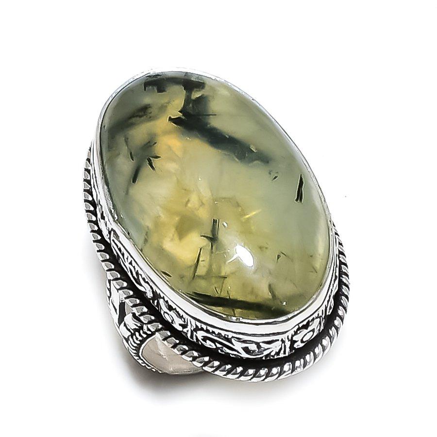 Пренит Драгоценный камень Ручная работа 925 Стерлинговое серебро Подарок Ювелирное изделие Кольцо Размер 7 E4o58
