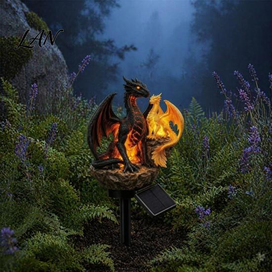 Waterproof Patio Landscape Lighting Dragon Solar Garden Light, Outdoor Gothic Medieval Statue Lamp, Weather Resistant Resin Decor Sculpture