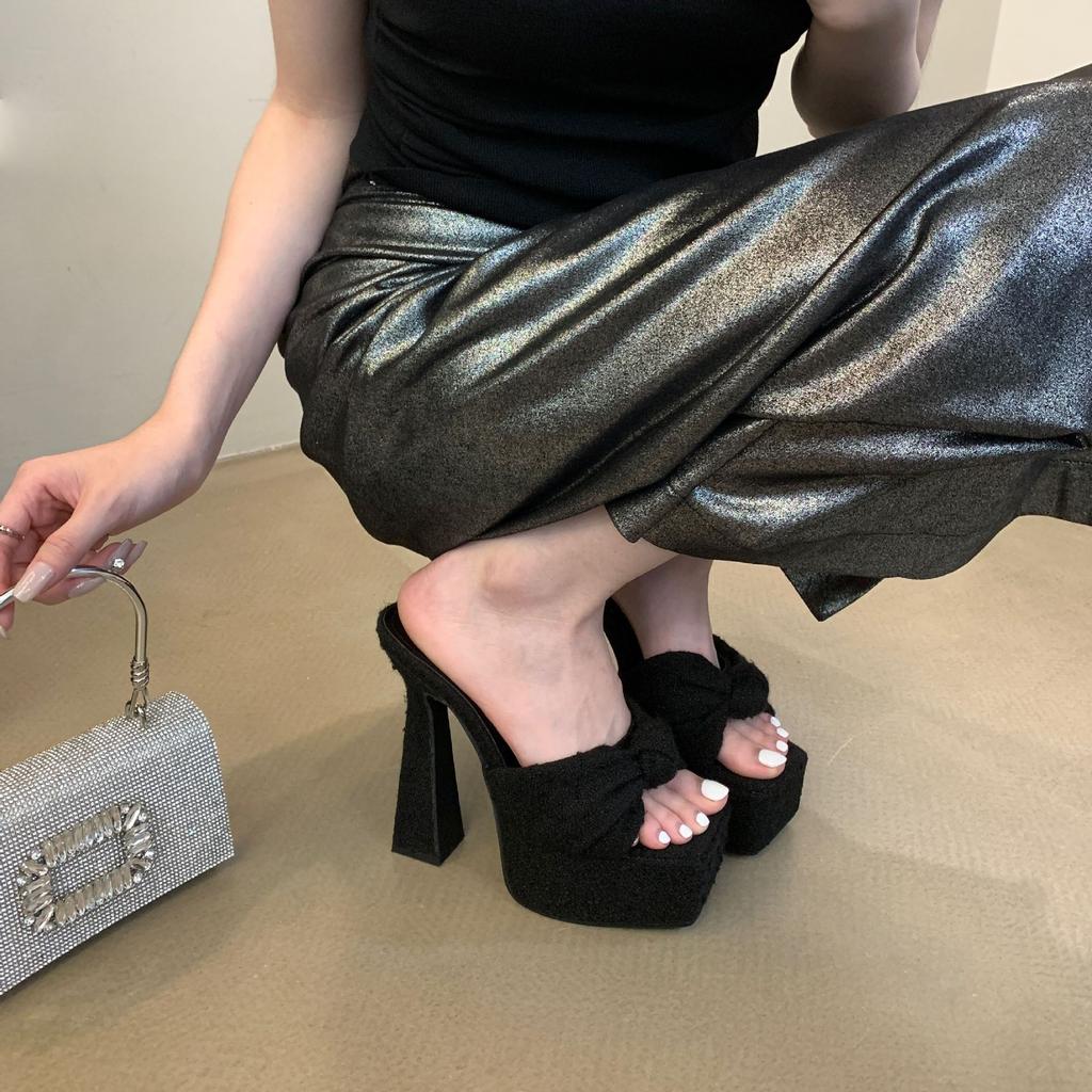 Толстый каблук Супер высокие каблуки Ночной клуб Сексуальные Водонепроницаемые Платформа Платформа Бант Мода Модель Подиум Крутые Шлепанцы Женщина