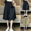 Women Skirt Pants Elastic Waist Adjustable Drawstring Ice Silk Cropped Pants Solid Color Casual Loose Fit Culottes
