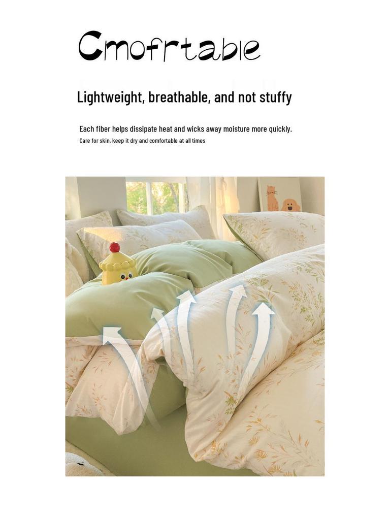 Class A Fresh Four-Piece Set: Washed Cotton Bed Sheet & Duvet Cover with Double Layer Gauze - Home Bedding Collection