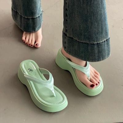 Простые темпераментные сандалии на танкетке, цвет розового корня лотоса, с круглым носком, на толстой подошве-маффин, женские шлепанцы, крутые тапочки для улицы