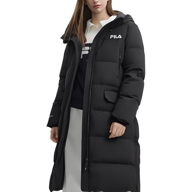 Fila Original Long Down Jacket Solid Color Simple Warm Long Hooded Down Coat Women Outerwear Black F11W449906FBK