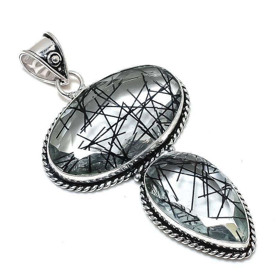 Black Rutile Gemstone Handmade 925 Sterling Silver Jewelry Pendant 2.92" P9r06