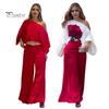 2 Pcs/Set Women Top Pants Set 3D Rose Print One Shoulder Slant Neck Long Bat Sleeve High Waist Wide Leg OL Commute Style Pockets Lady Blouse Trousers
