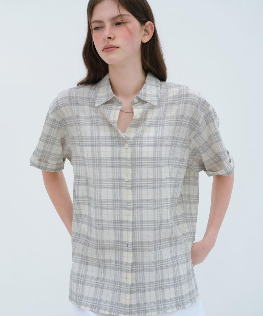 MUSINSA STANDARD WOMAN Women'S Oversized Crinkle Check Short Sleeve Shirt [Ivory]