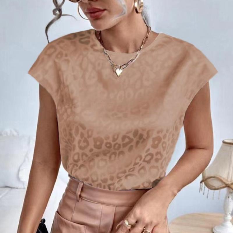 GMXIA Women's Fashion Casual Summer Leopard Print Sleeveless O-Neck Blouses & Shirts