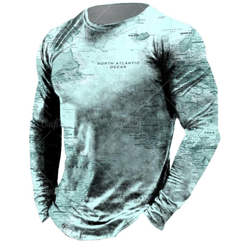Винтажная футболка с длинными рукавами для мужчин, рубашки с 3d-принтом карты, футболки с европейской графикой, старая мужская одежда, топы, повседневная уличная одежда