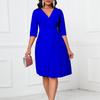 V-neck Fashion Pleated Half Solid Color Size Dress Women Sleeve Large Waist-Controlled