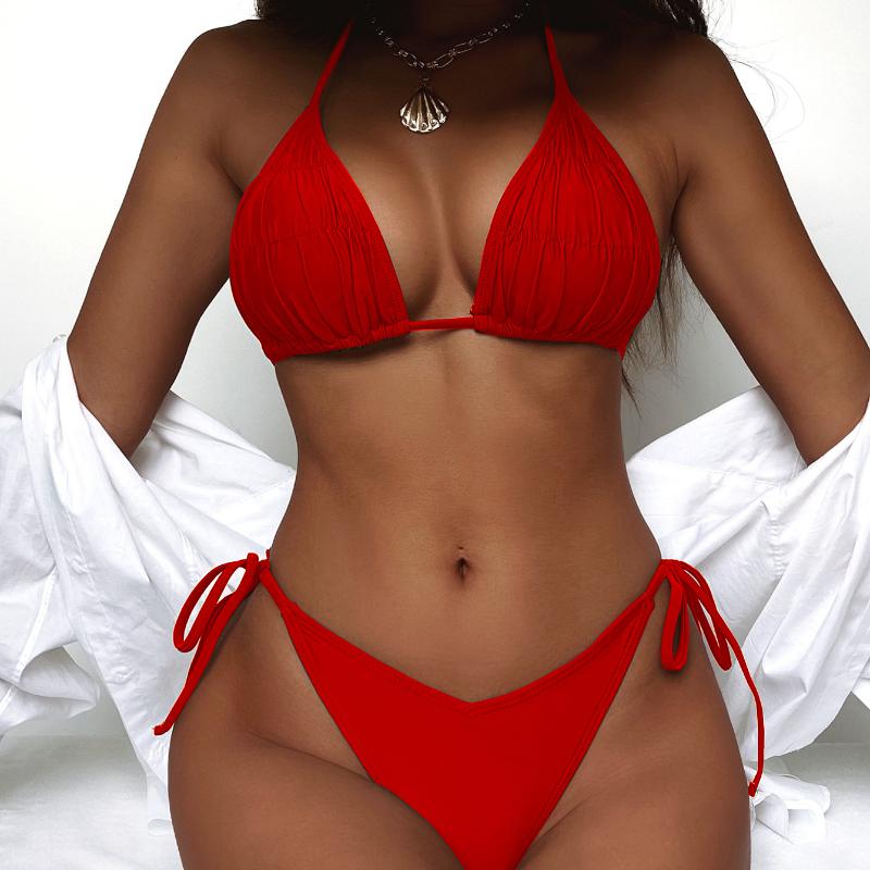 Женский купальник, сплошной цвет, сексуальный комплект бикини с треугольной лямкой и завязкой на спине, 5 цветов