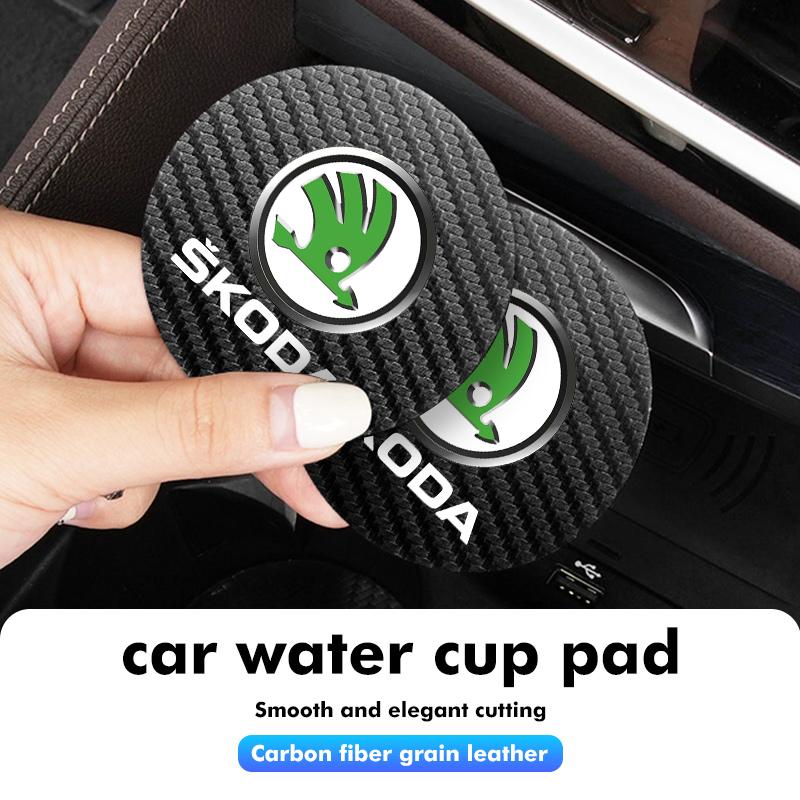 HGWE4 2Pcs Car Coaster Water Cup Anti-slip Pad Mat For Skoda Kamiq MK3 Roomster Rapid Kodiaq Karoq Fabia Enyaq