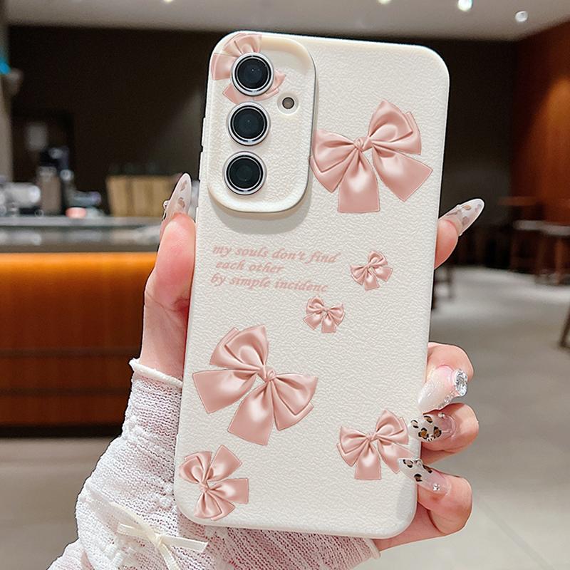 Pink Bowknot Print Leather Texture TPU Soft Case For Samsung S25 Ultra S24 FE S23 A56 A16 A55 A36 A26 A15 Lens Protection Matte Shockproof Phone Cover