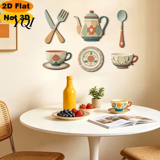 Wooden Tableware Wall Stickers 7Pcs 2D Flat Kitchen Decor, Retro Teapot Themed Peel Stick Dining Room Decor Art, Self?Adhesive Plaques for