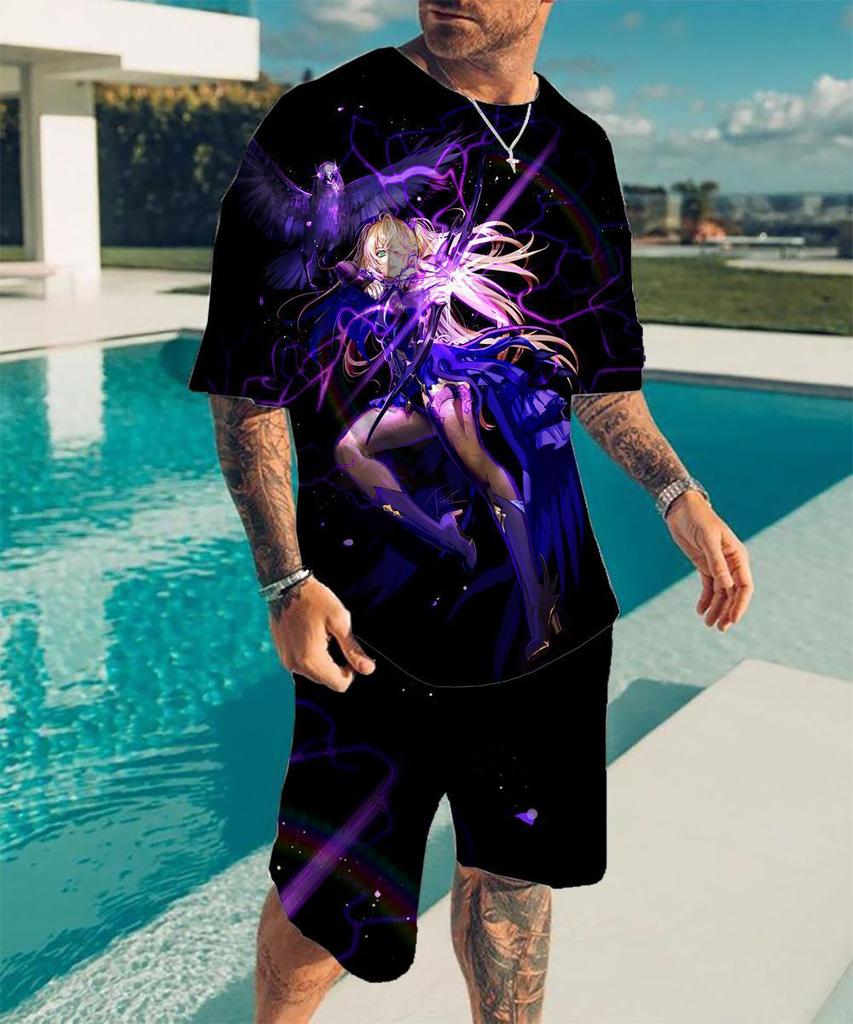 European and American cross-border new animation 3D digital original god printing men's T-shirt shorts set wholesale, short-sleeved set