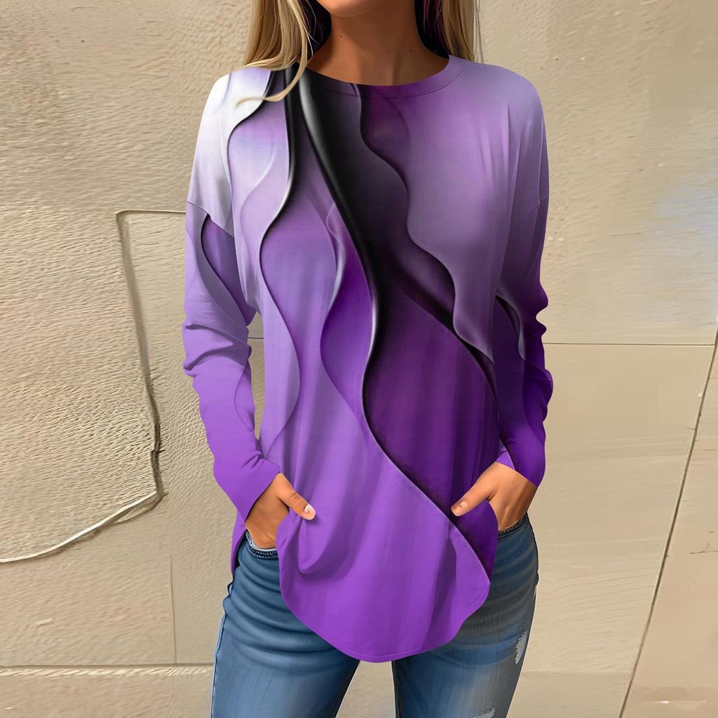 Женская свободная футболка с длинным рукавом с круглым вырезом и принтом, верхний пуловер