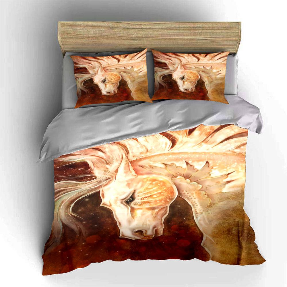 Golden horse with feathers. Bedding sets Duvet cover sets Duvet covers Pillowcases(1 * Duvet Cover 2 * Pillowcases, without duvet insert)