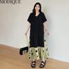 MODIQUE Summer Plus Size Women Loose Casual A-Line Patchwork Dot Print Silk Hemline Long Dresses Female Versatile Oversize Short Sleeve V-Neck Dresses