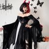 1 Set Women Cosplay Dress with Necklace Headband And Stockings Gothic Style Witch Halloween Party Costume Hollow Out Collarless Long Bat Sleeves