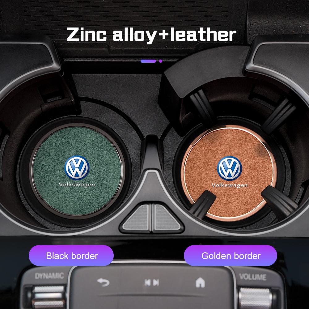 2Pcs Alloy Leather Car Coaster For Volkswagen GTI Golf Polo 6 7 Passat VW CC Tiguan T-ROC Water Cup Mat Anti-slip Pad Accessorie zj1