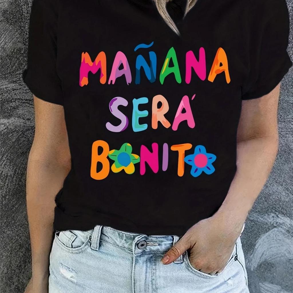 Letter Print T-Shirt Short Sleeve Crew Neck Casual Top For Summer Spring Women's Clothing