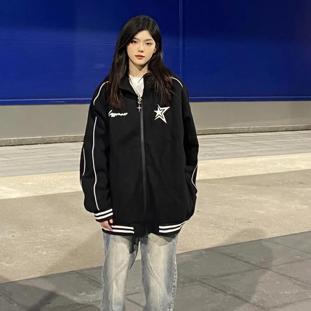 Korean Vintage Star Graphic Print Sweatshirts Women Harajuku Streetwear Zip Up Hoodies Y2k Grunge Casual Tops Female