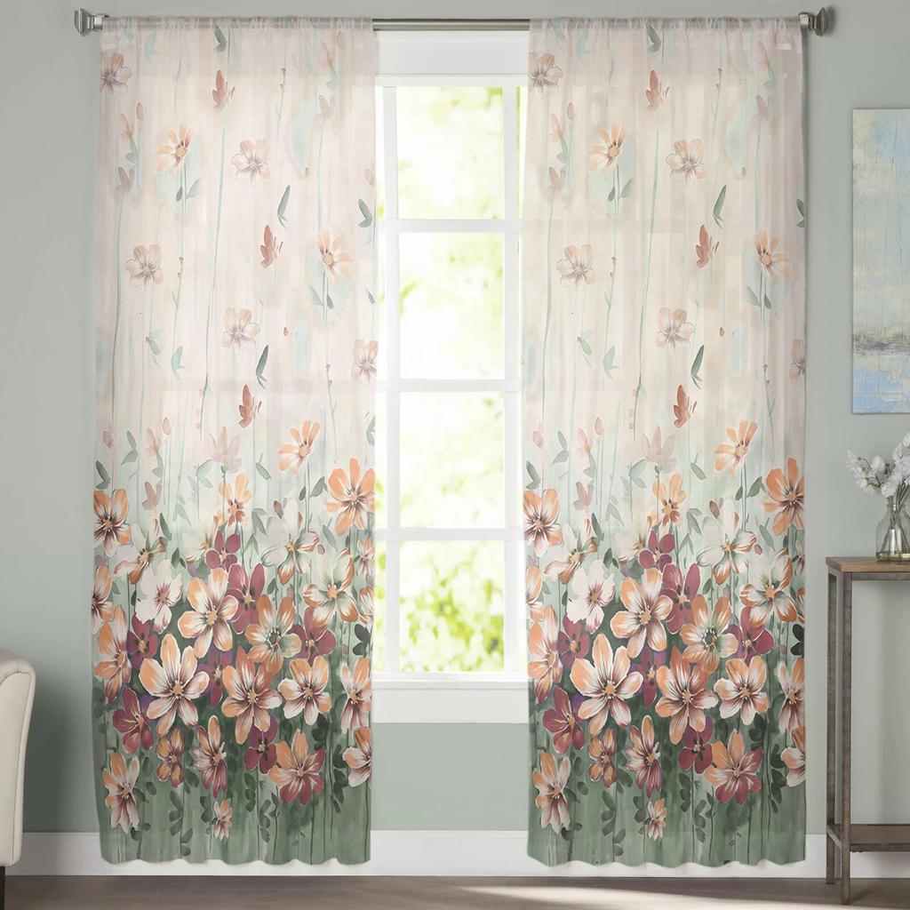Цветы и растения, градиентные оконные тюлевые шторы для гостиной, кухни, современные оконные занавески, вуали