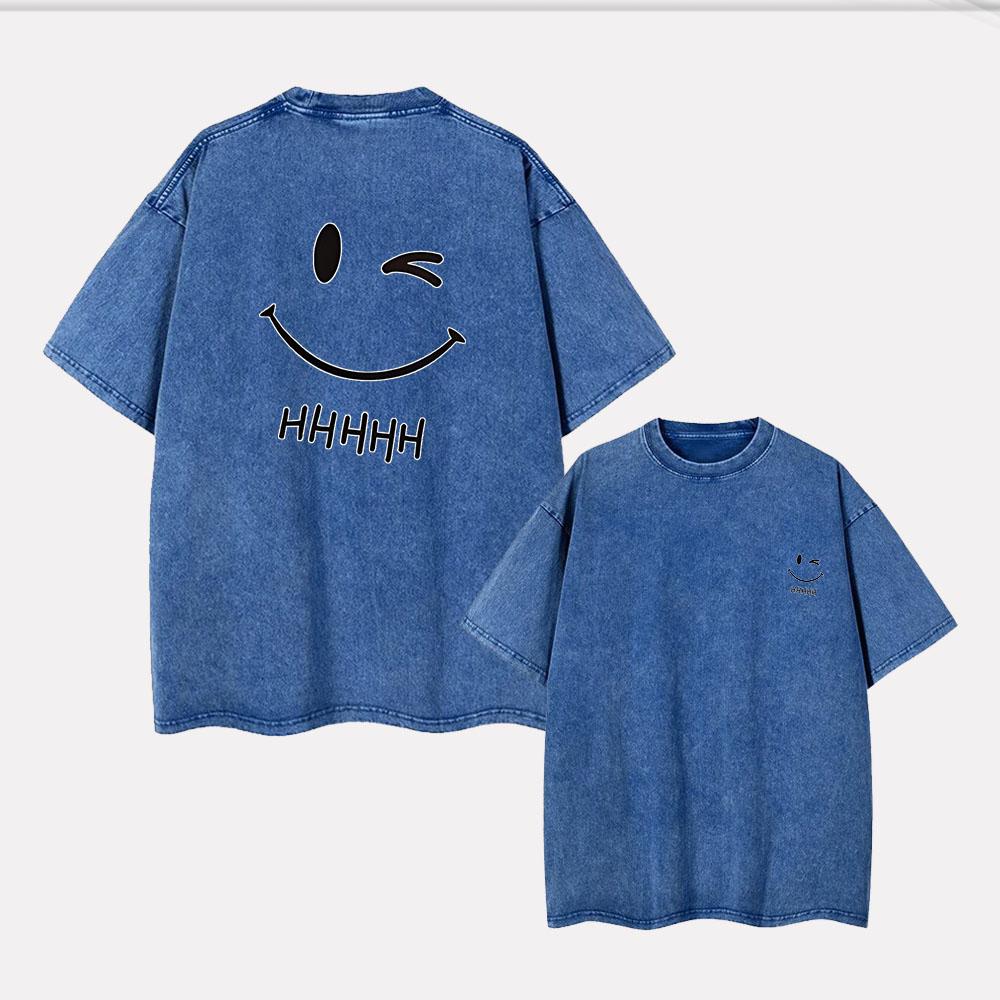 Улыбающееся лицо хахаха простая выстиранная футболка короткий рукав гендерно-нейтральная мужская и женская свободная одежда с принтом