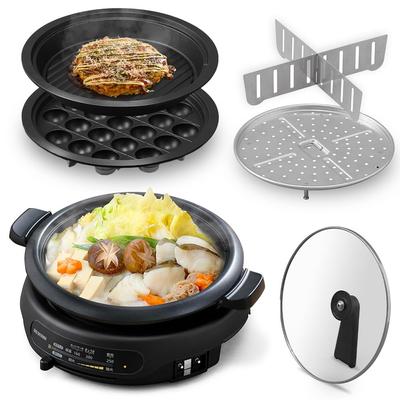 Iris Ohyama Hot Electric Grill 3 Piece Deep Yakiniku Takoyaki Heat Retention High Heat Power For 2 to 4 people Black Plate, Pot, Pot, Type, Pot,