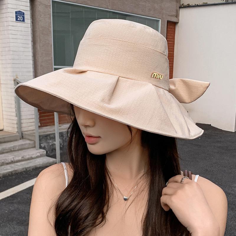 Bucket Hat Female Bow Letter Face Covering Sunscreen Basin Hat Outdoor Eaves UV Protection Versatile Sun Hat