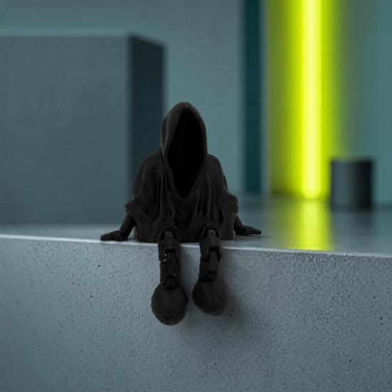 yangyizhi 3D Printed Mysterious Black Robe Figurine, Articulated Sitting Statue with Movable Legs, Gothic Desktop Ornament for E-sports Gaming Decor