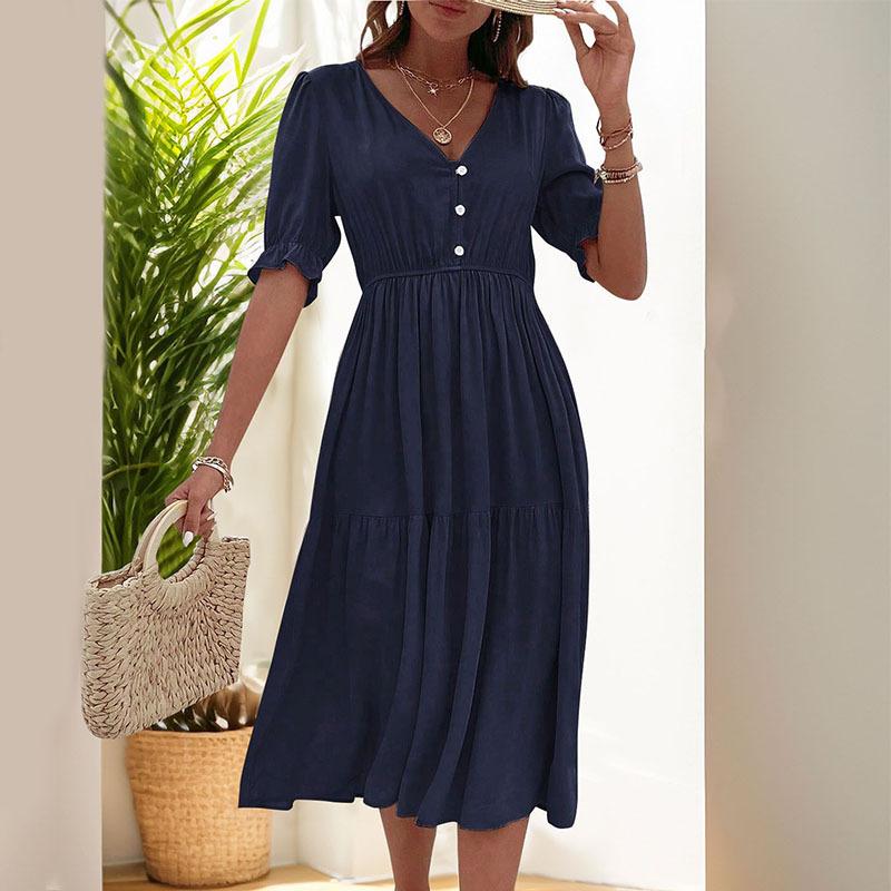 Amazon Independent Station Foreign Trade New European and American Summer Women's Clothing Cross-border Waist V-Neck Solid Color Dress Women