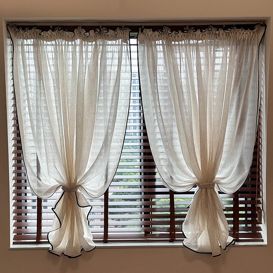 Imitate Plain Faux Linen Textured Sheer Tulle Drapes with Black Edging Strips Decor,Vintage Curtains for Bedroom,Kitchen Voile