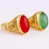 Large Gold-Tone Oval Red & Green Gemstone Ring, Open Adjustable Men's Ring, Fire-Gold Finish
