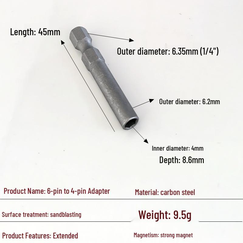 Bit Converter Magnetic Rod: 6 to 4 Adapter, 4mm/6.35mm to 1/4 Extension