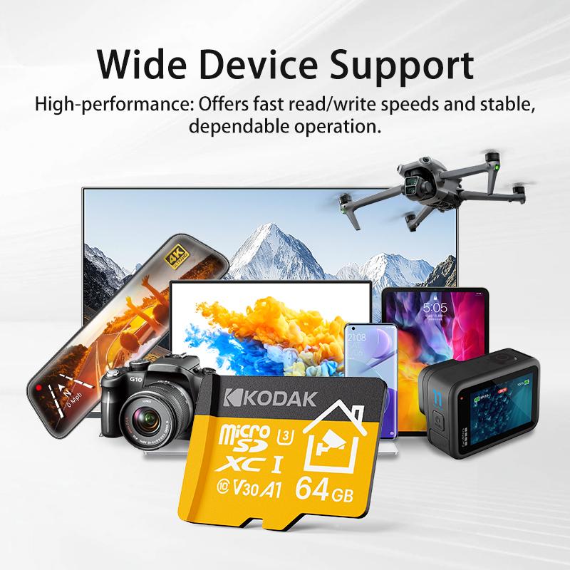 Kodak Карта MicroSD 32 ГБ 64 ГБ 128 ГБ 256 ГБ Карта памяти Micro SD лучшая для домашнего монитора безопасности, мобильного телефона, дронов
