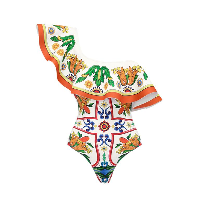 1011 European and American new printed straps split swimsuit women's high-waisted bikini suit skirt