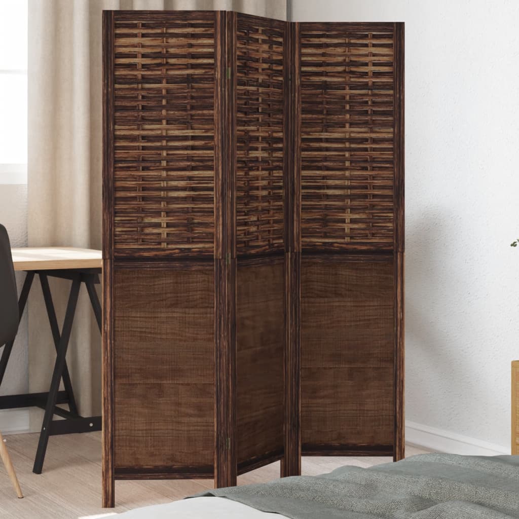 3 Piece Room Divider Dark Brown Solid Paulownia Wood