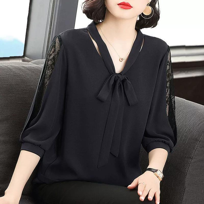 Chiffon Shirt Western Style Super Fairy Small Shirt V-neck Pullover Bow-sleeved Loose Large Size Lace Bottoming Shirt