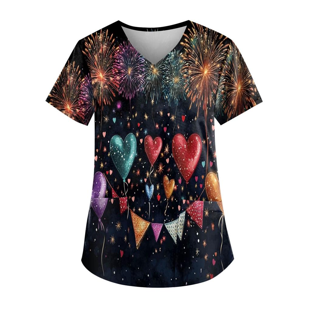 Women's Fashion New Year Printed Short Sleeve V-Neck Top Small Pocket Work T-Shirt