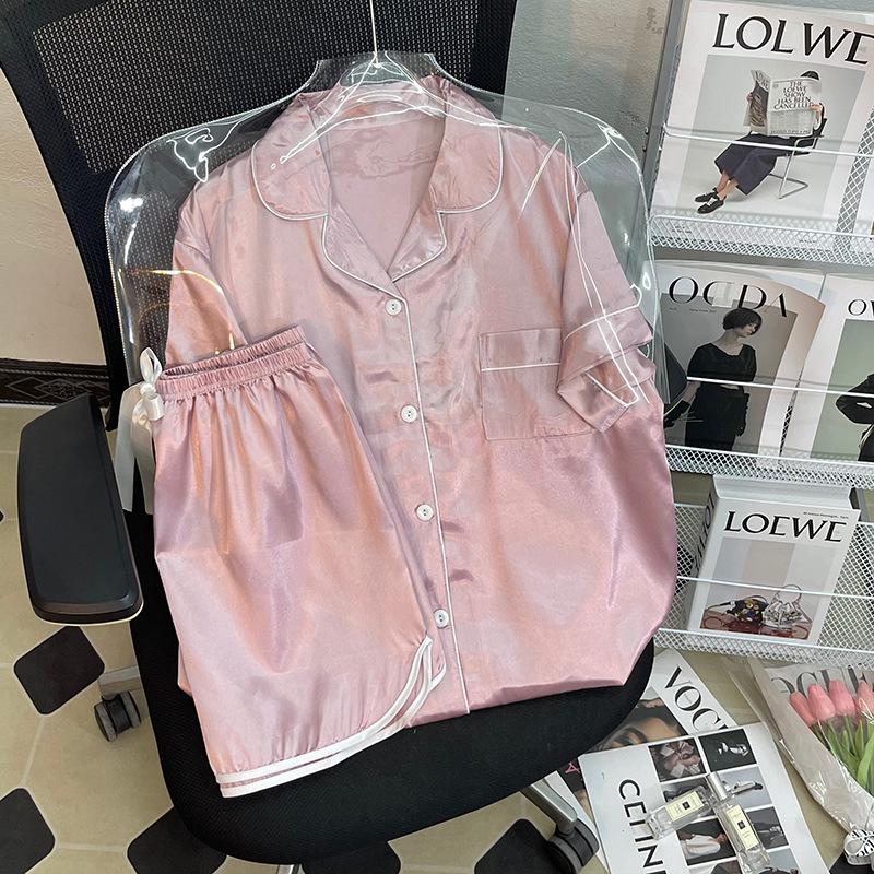 Solid Color Ice Silk Pajamas Women'S Summer Thin Foreign Style High-Value Short-Sleeved Loungewear Two-Piece Set Can Be Worn Outside