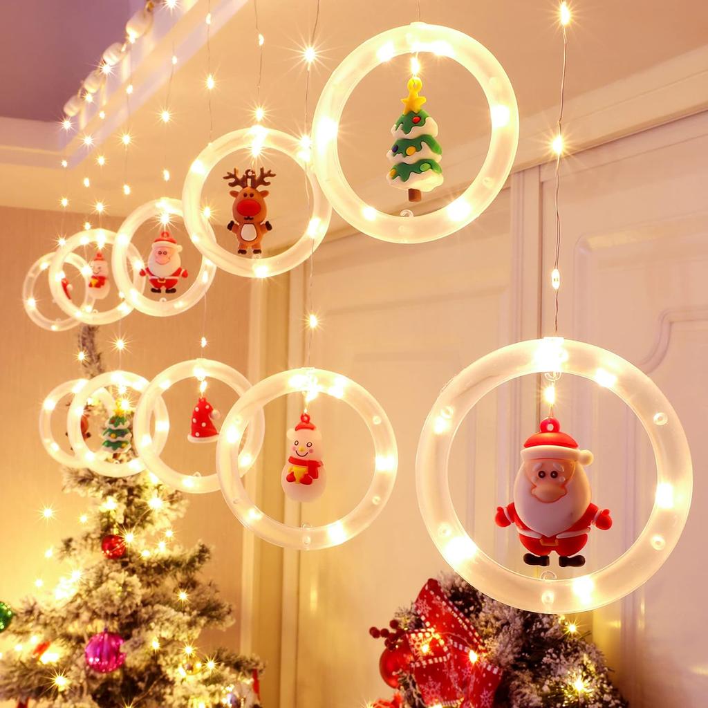BLOOMWIN Window Lights Christmas Decor Ring Lights with Ornament LED Curtain Lights Indoor Outdoor USB 9.8ft Warm White Christmas String Lights