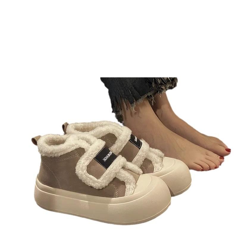 Хлопковая обувь женская осень и зима 2025 новая бархатная круглый носок платформа белая обувь на липучке обувь-буханка большеголовые парусиновые туфли